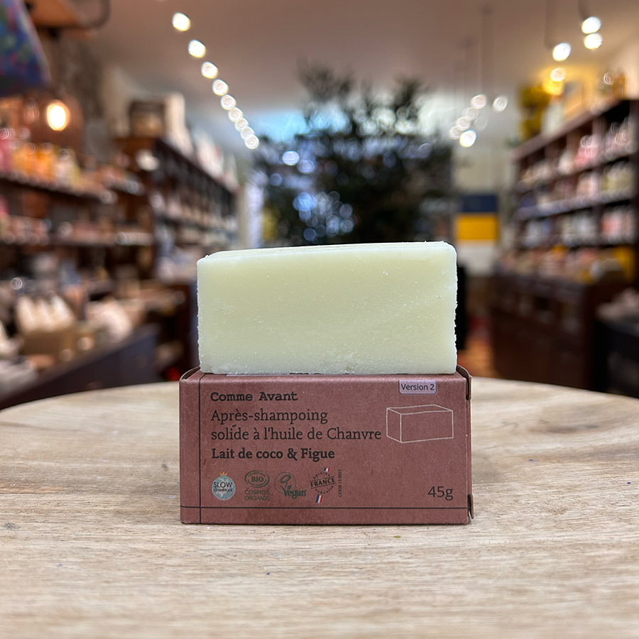 Après-shampoing solide à l'huile de chanvre parfumé lait de coco figue